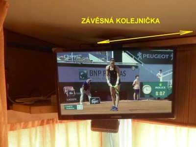 Kolejnička pro shrnovací dveře, v ní visí vozík opřený o čelní desku a na něm otočný závěs televize.