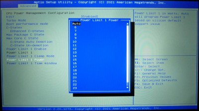 BIOS -> Advanced -> CPU Configuration -> CPU Power Management -> Power Limit 1 Power