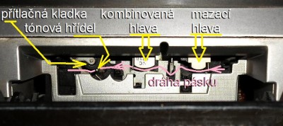 Obvyklé provedení: mazací hlava je samostatně, ale stačí obě hlavy zúžit, srazit je těsně k sobě do společného držáku a začátek dráhy zůstane prázdný.