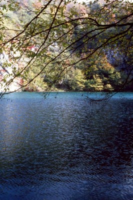 Plitvická jezera bez davů turistů, říjen 1983.
<br />Fomachrom D20, Praktica L2, objektiv Pentacon Auto MC 1,8/50, polarizační filtr.
<br />Sken z června 2020, bez korekcí.