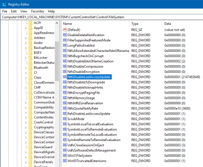 Parameter zmenený podľa návodov na internetoch z hodnoty 2 na hodnotu 1 má vplv len na NTFS disk C.