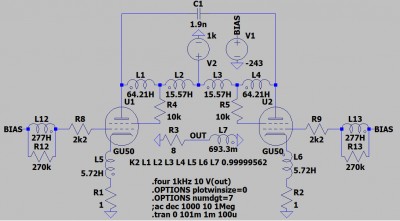 GU50 Koncový stupeň 
<br />1kV Ua
<br />Ra-a 6k6
<br />UL: 33% Ra-a
<br />CFB: 10% Ra-a
<br />Sec: 8Ohm (28.721:1)
<br />Doplnené aj DCR v simulácií, primárna parazitná kapacita a aj "leakage inductance" z ktorého bola vypočítaná väzba vinutí.