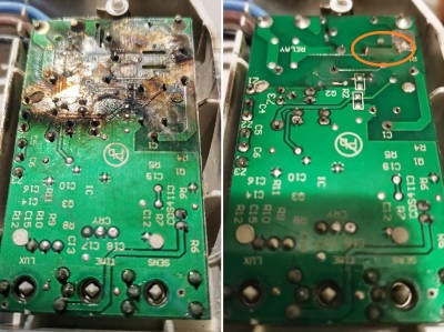 vlevo deska v ohni pokovená, vpravo po umytí roztokem chloridu železitého.
<br />Elektronika zprorážená do zkratu, takže veškerá péče zbytečná.