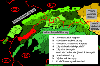 Bílé Karpaty v rámci Vnějších Západních Karpat, vyznačeny červeně