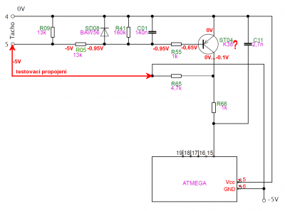 Opravené schema s hodnotami napětí při testu.