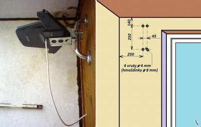 Takto jsem si vyžádal uchycení kontrolní antény. Vyvedli kabel, přivrtal jsem si sám (izolace 120 mm, za ní Ytong 150 mm)