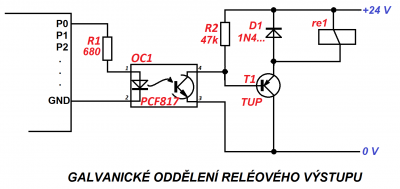 Příklad oddělení reléového výstupu Arduina.
<br />Pokud by napětí na emitoru T1 v sepnutém stavu přesáhlo 1 V proti jeho kolektoru, stačí o jeden dva stupně snížit hodnotu R1.