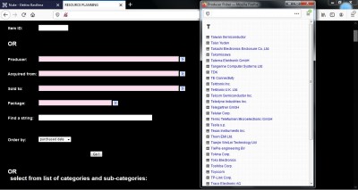 možnost hledání v databázi podle výrobce, dodavatele, pouzdra nebo lze vložit řetězec, např. část označení typu součástky